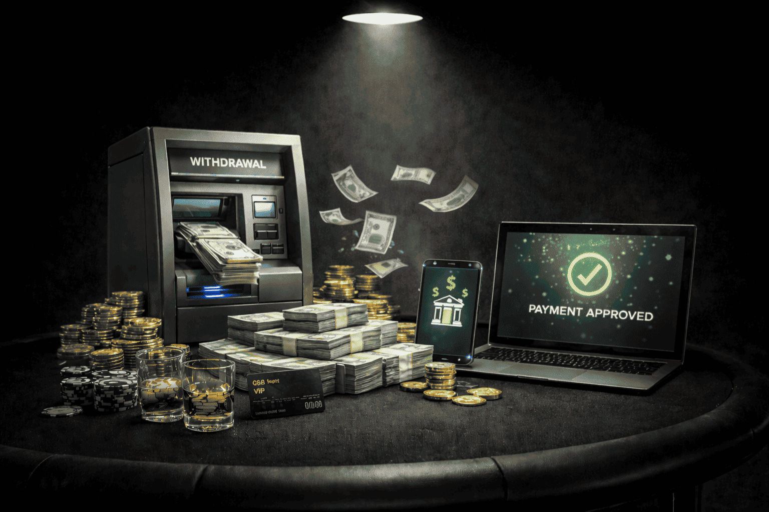 Black-and-white close-up of a casino cashier desk where a smartphone showing a “withdrawal approved” screen sits beside a bank card and cash bundles under a bright spotlight