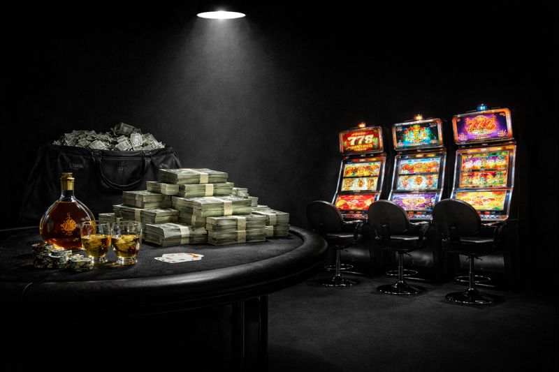 High-stakes casino scene with bright slot machines on the right and a poker table stacked with bundles of cash, expensive whiskey and chips under a spotlight on a dark backgrounda