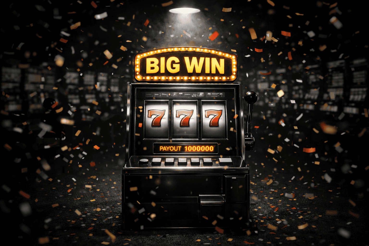 Dark casino scene in cinematic black-and-white with selective color, showing a classic slot machine standing on the floor under a spotlight, “BIG WIN” sign glowing above 777 reels, confetti falling around it and a bright “Payout 1,000,000” display.