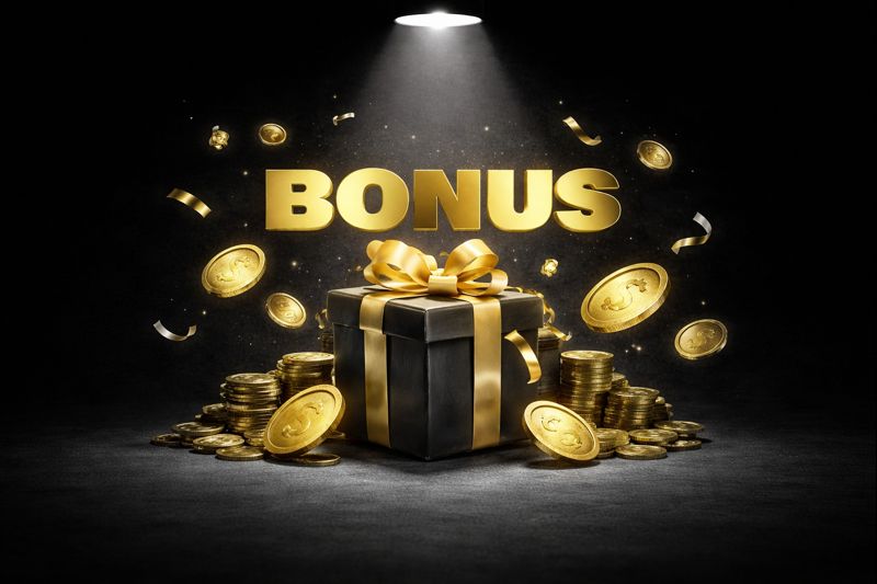 Bonus gift box under a spotlight with gold ribbons, coins and large BONUS text on a dark black background