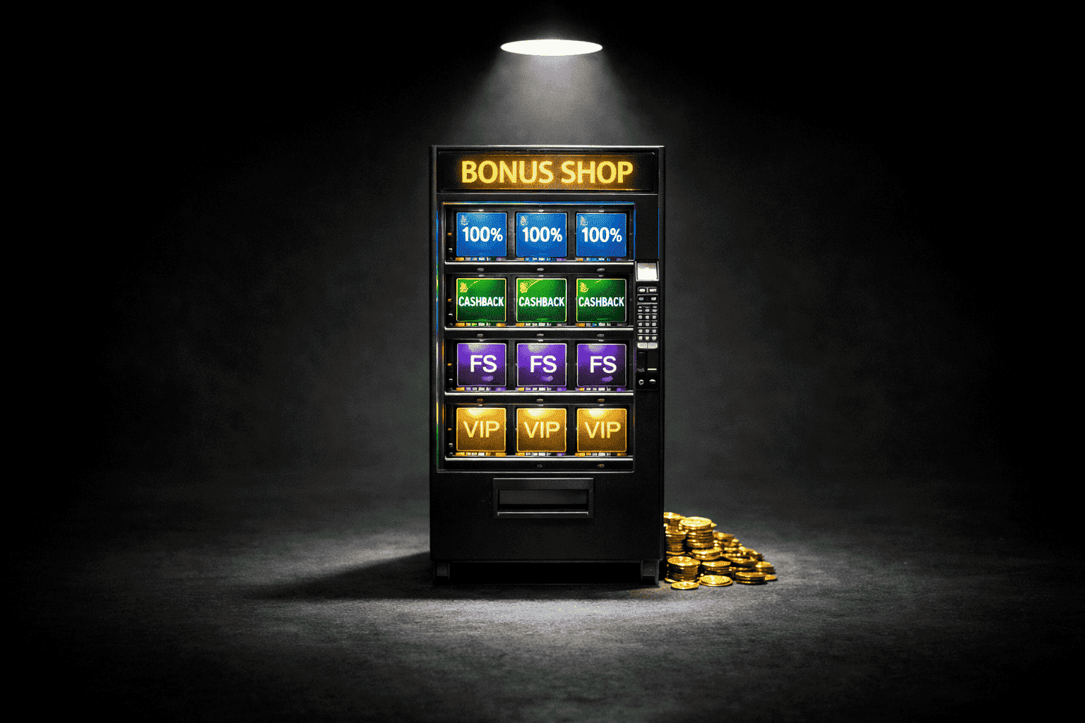 Bonus shop vending machine under a spotlight, filled with colorful 100% bonus, cashback, free spins and VIP cards, with a pile of gold coins on the floor in front.