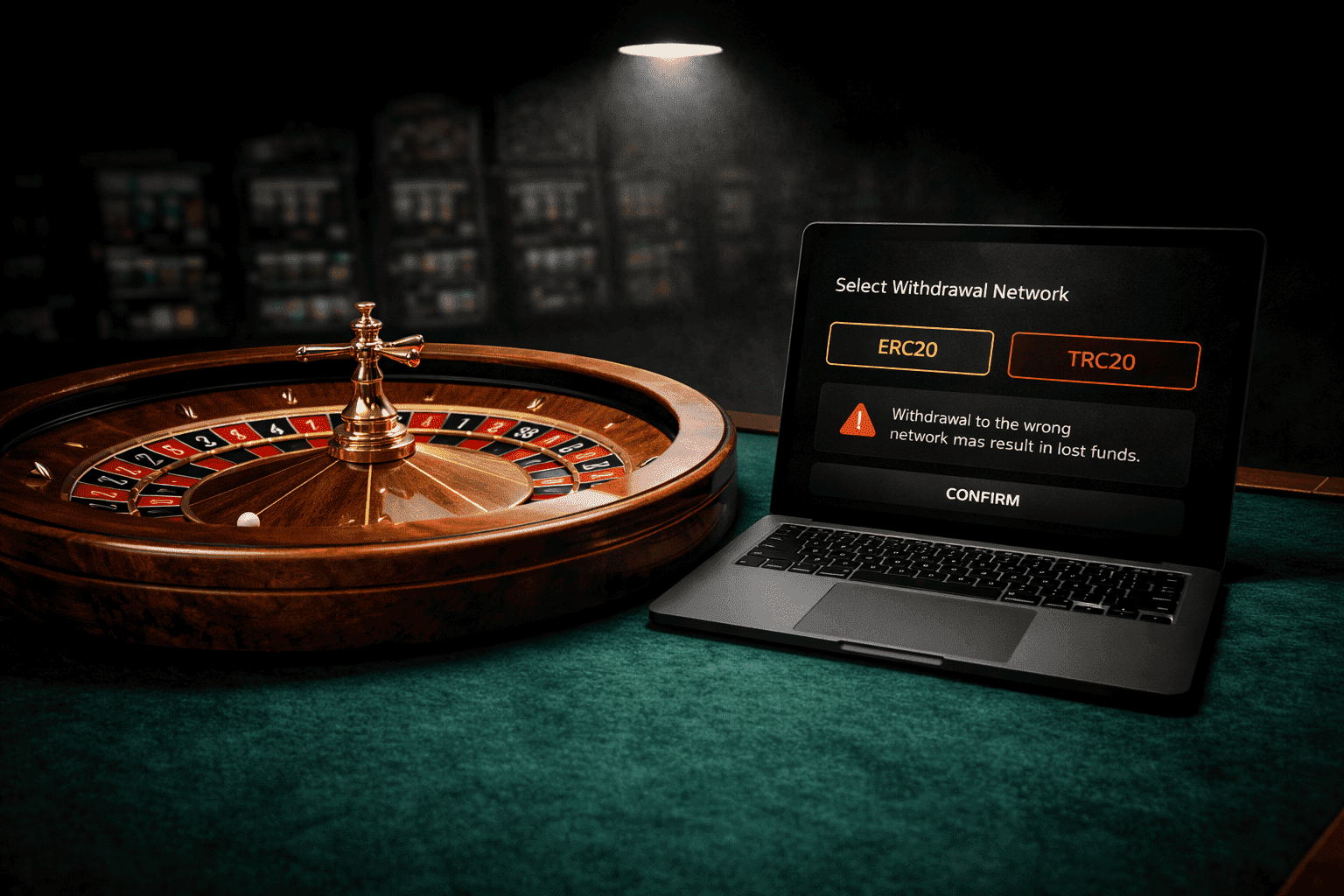 Realistic casino scene with a wooden roulette wheel on the left and a laptop on the right under a single spotlight, the laptop screen showing a crypto withdrawal network warning (ERC20 vs TRC20) against a dark background.