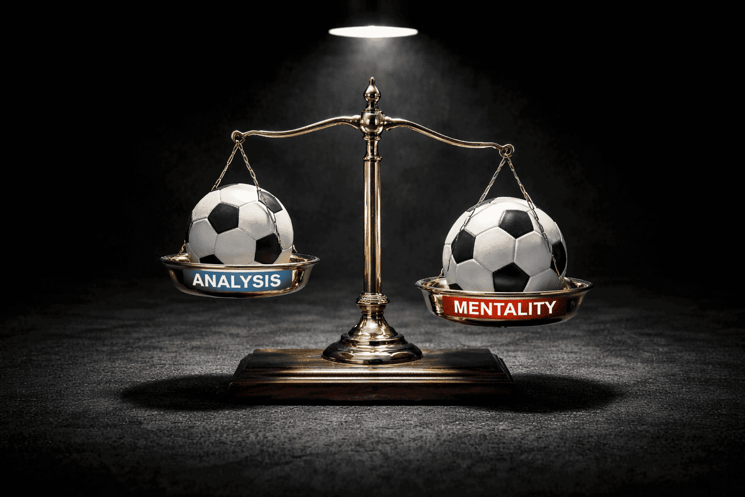 Balance scales under a spotlight with two footballs on each side, one labelled analysis and the other mentality, with the mentality side lower, highlighting the importance of mindset in football betting.