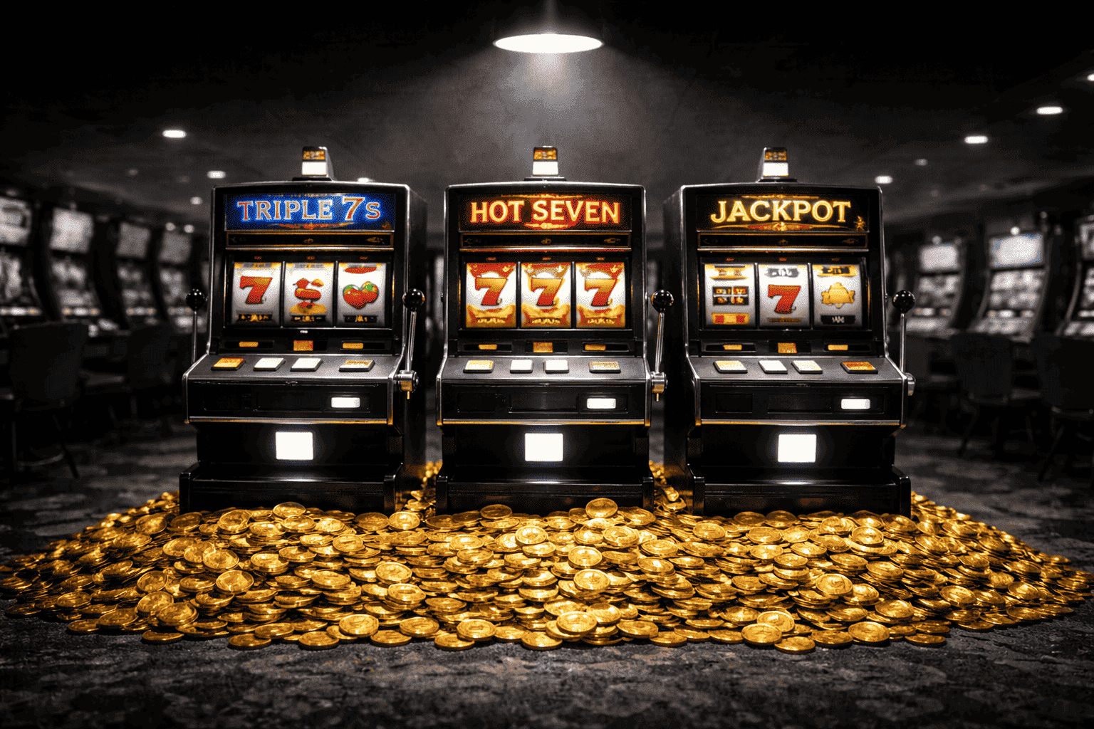 Three classic slot machines standing on a mound of glowing gold coins