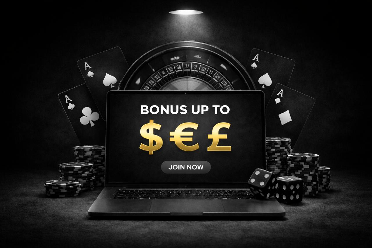 Laptop showing bonus up to $ € £ in gold text, with roulette wheel, poker chips and four aces under a spotlight on a dark background