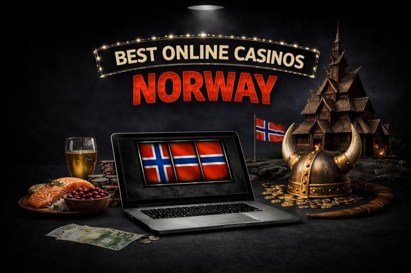 Norway-themed casino scene with a laptop under a cinematic spotlight in a dark room