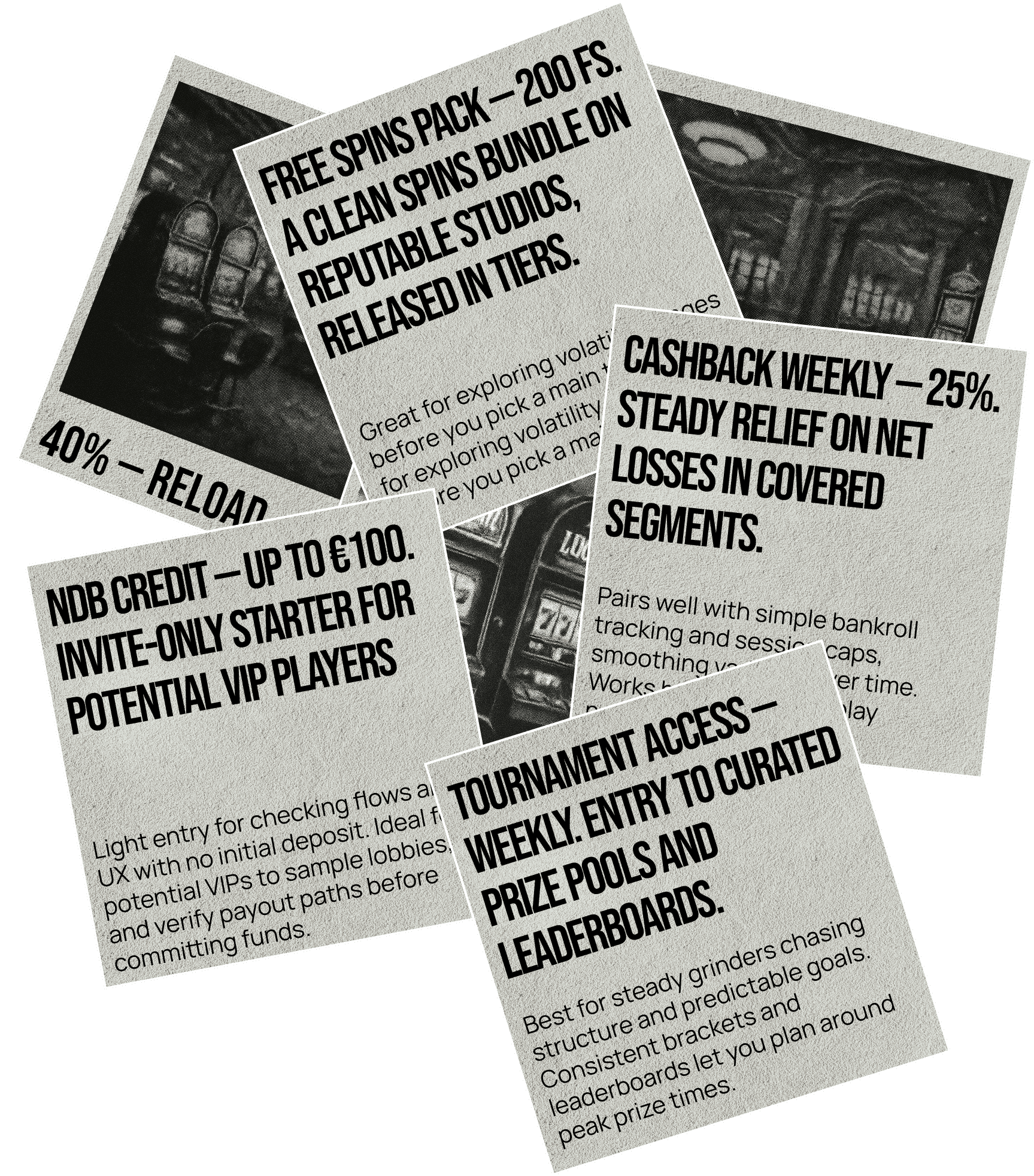 Stack of cards showing different casino bonuses and welcome offers