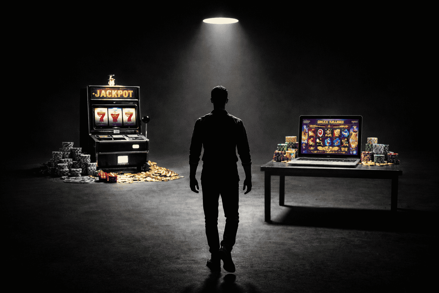 Silhouetted man standing under a spotlight choosing between a colourful land-based slot machine on one side and a laptop showing an online casino game on a table on the other, contrasting offline and online casinos.
