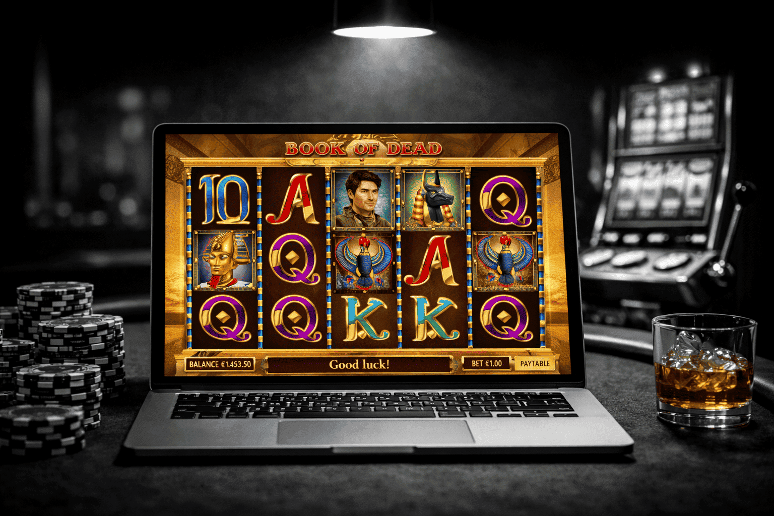 Laptop on a dark table showing the Book of Dead online slot next to a real slot machine.