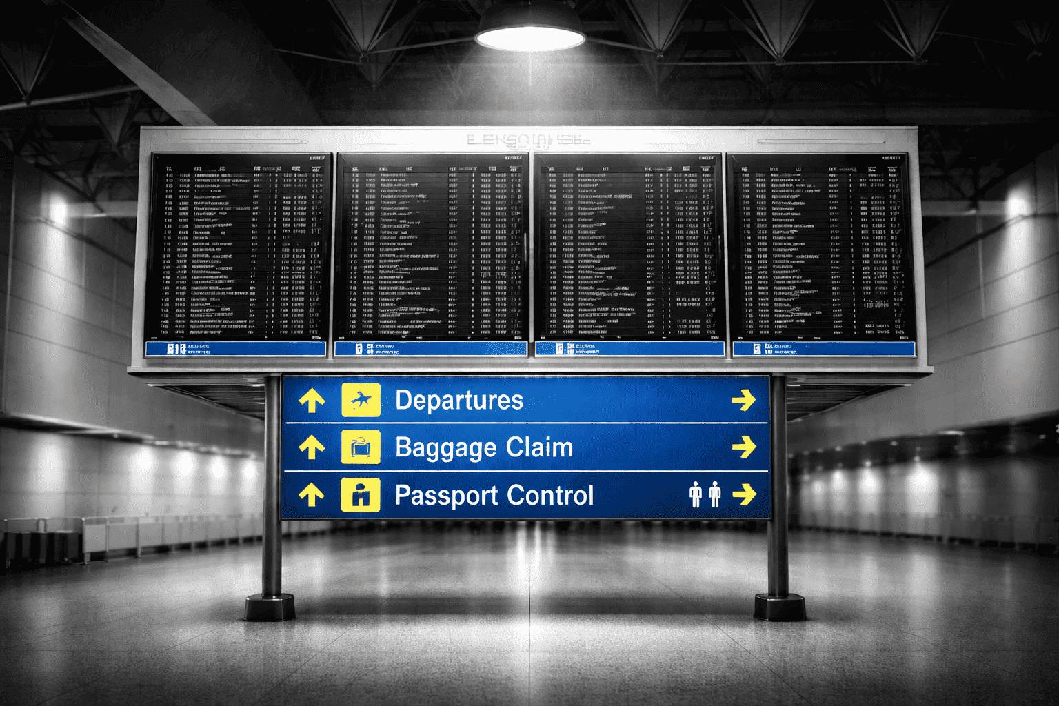 Empty airport departures hall in black and white, with a single bright spotlight over a large flight information board and blue-and-yellow direction signs for departures and gates.